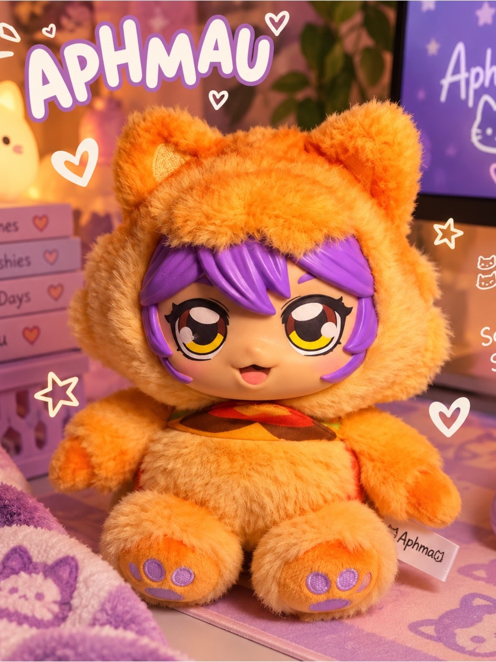 APHMAU Orange Plush Character Toy with Purple Hair - Kids Toy